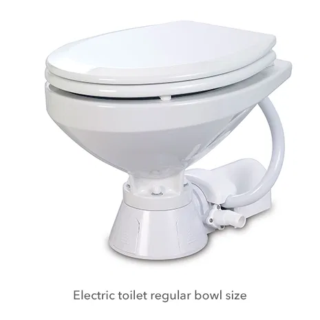 37010-4094 – JABSCO Toilet, Permanent Regular Size Bowl Round Wood Seat Single Button Flush Control Electric Flush Wh...